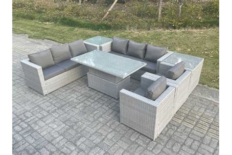 Rattan Garden Sofa Set With Rising Dining Table Chair Light Grey Wowcher