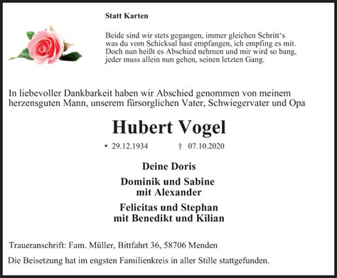 Traueranzeigen Von Hubert Vogel Trauer In NRW De