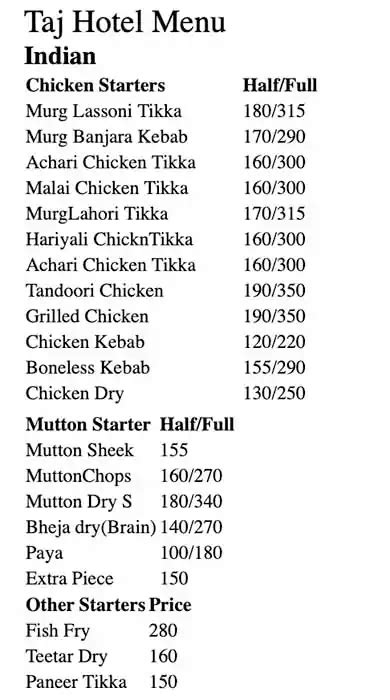 menu  taj hotel shivajinagar bangalore