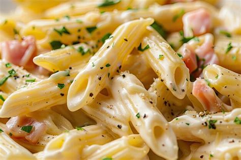 Penne Creamy Pasta Carbonara Close Up Premium Ai Generated Image