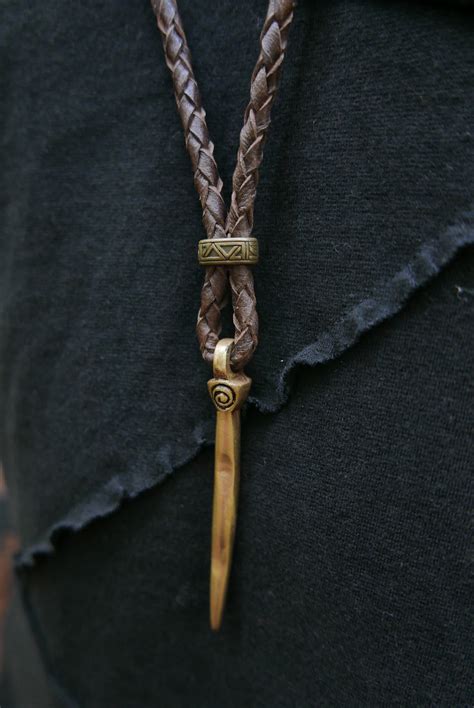 Druid Necklace Made Of Braided Leather With Brass Horn Etsy