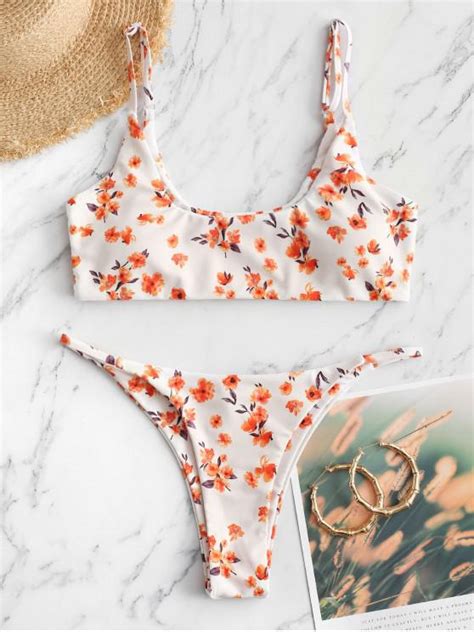54 OFF 2021 ZAFUL Ditsy Floral Low Rise String Bikini Swimwear In ORANGE ZAFUL