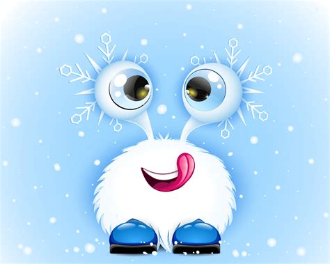 Cute fluffy funny cartoon white winter monster with snowflakes licking