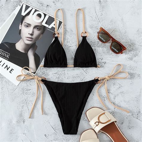 Jual 2022 Sexy Bikini Set Cute White Plain Ring Linked Spaghetti Strap Triangle Thong Biquini