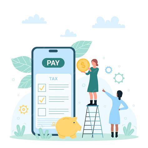 Pago de impuestos en línea personas pequeñas pagan dinero en el