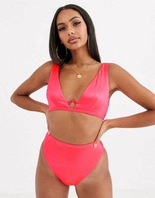 Asos Design V Wire Mirror Satin Bikini In Hot Coral Pink Asos
