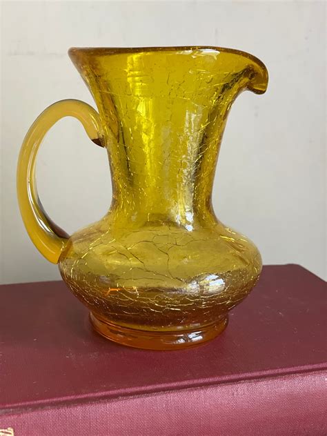 Vintage Amber Yellow Crackle Vase Pitcher Handle Handled Display Glass Bohemian Retro Witchy