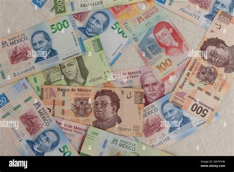 Background Of Mexican Pesos Bills Of Different Denominations Stock