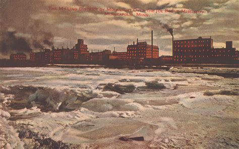 Historic postcard depicting Minneapolis' Milling District by moonlight
