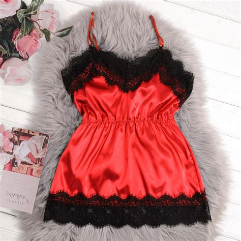 Nfurl Womens Silk Lingerie Nightgown Elegant Lace Trim Sleepshirts Soft Spaghetti Strap Nightie