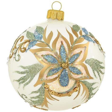 Flowers On White Ball 375 Inch Glass Ornament