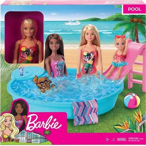 Coffret Barbie Piscine Glamour Avec Toboggan Et Un Poupée Blonde En Maillot de Bain