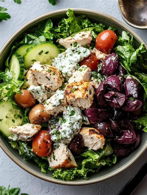 mediterranean tzatziki chicken salad bowl  vibrant olives