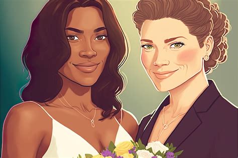 Premium Photo Happy Lesbian Interracial Wedding Flat Illustration