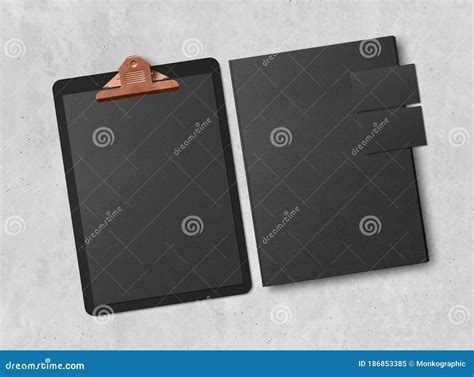 Mock Up Clipboard With Sheets Of Paper Business Cards And Folder On