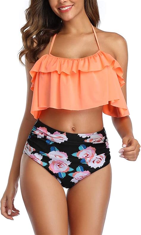 Butt Lifting Bathing Suits Ruffle 2 Piece Halter Cropped Bikini Sets