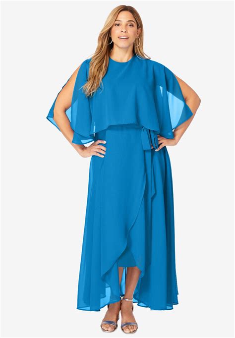 Fashionable Georgette Maxi Cape Sleeve Dress Pool Blue Roamans