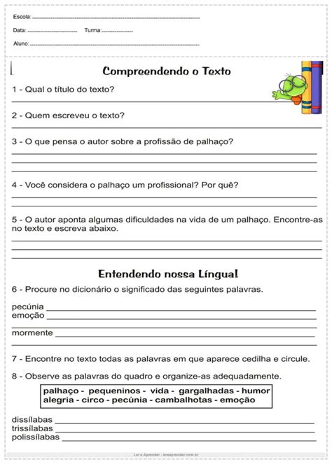 Atividades de interpretação de texto do 5º ano - Para Imprimir