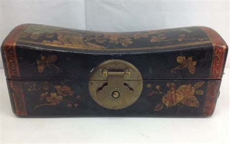 Vintage Chinese Pillow Box Aged Leather Wood Jewelry Stash Keepsake