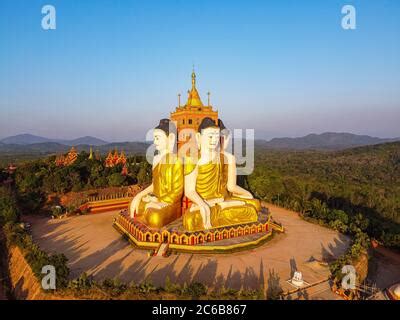 Aerial View With Drone Buddha Statues In Front Of Stupa At Wat Yai