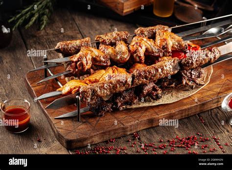 Assorted shashlik skewers with different meat Stock Photo - Alamy