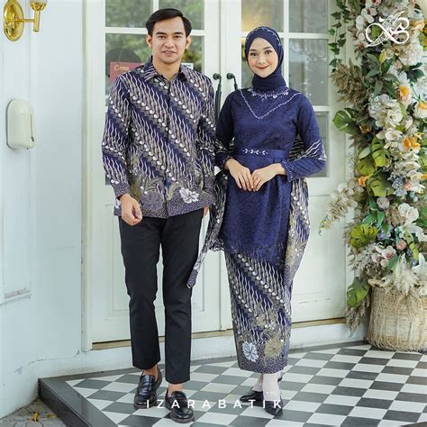 Jual Ameena Navy Setelan Baju Kebaya Batik Modern Couple Wisuda