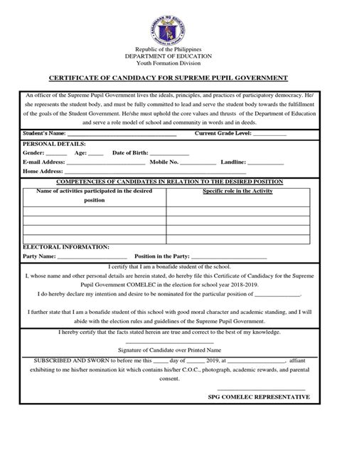 Certificate Of Candidacy Spg Pdf Government Social Institutions