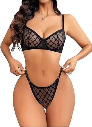 BEAUDRM Women S 2 Piece Lingerie Set Mesh Sheer Underwire Bra And Thong Low Rise Panty Sets Sexy