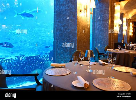 Ossiano Fish Restaurant, looking into the 11 million liter Ambassador Lagoon aquarium, in the ...