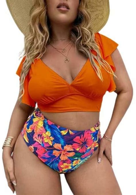 Buy Plus Curvves Plus Size Orange Floral Tropical Print Ruffle Sleeve High Waist Bikini Xl