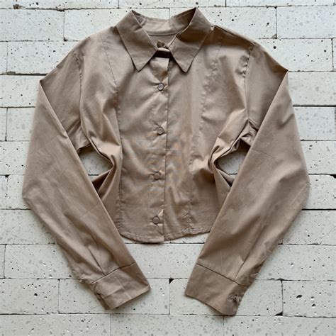 Camisa Cropped Tricoline Es Perolados Nude Dondoca Moda Feminina