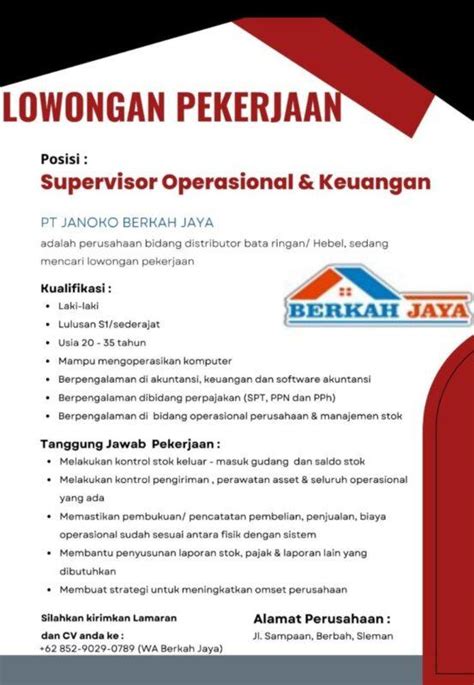 Lowongan Kerja Supervisor Operasional Keuangan Di Pt Janoko Berkah