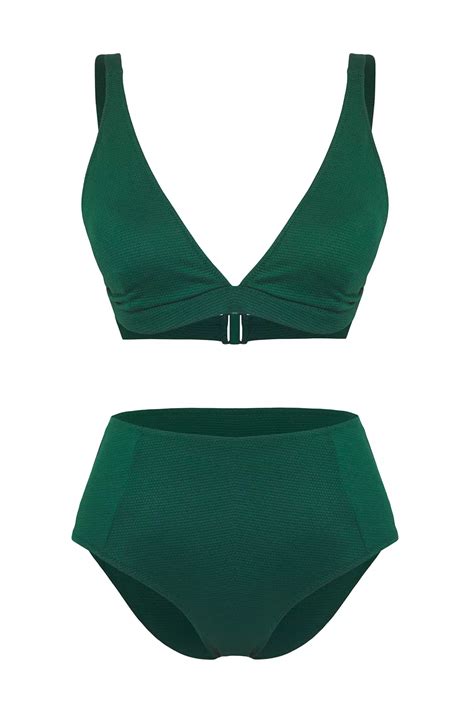 Buy Trendyol Emerald Green Triangle Textured High Waist Regular Bikini Set 2025 Online ZALORA