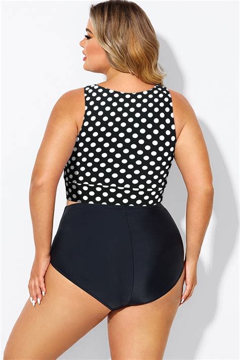 Plus Size Black Polka Dot Knotted Crop Bikini Top Meet Curve Meet Curve