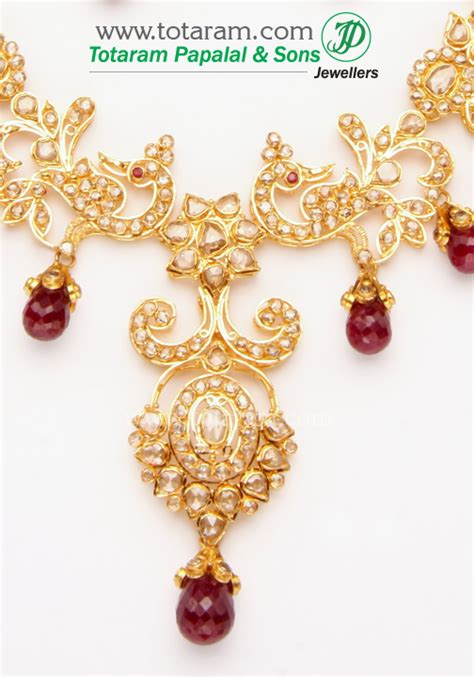 22K Gold Uncut Diamond Necklace Drop Earrings Set With Ruby Beads