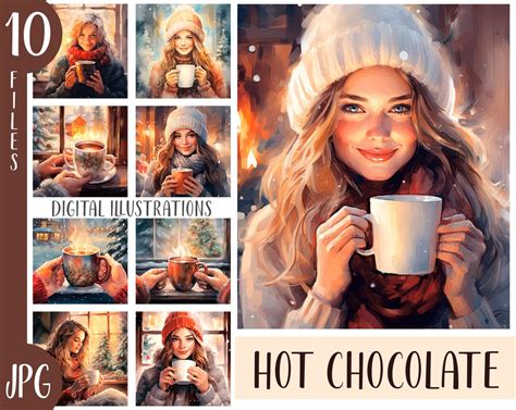 Watercolor Christmas Hot Drinks Clipart Girl With Hot Chocolate Digital Paper Winter