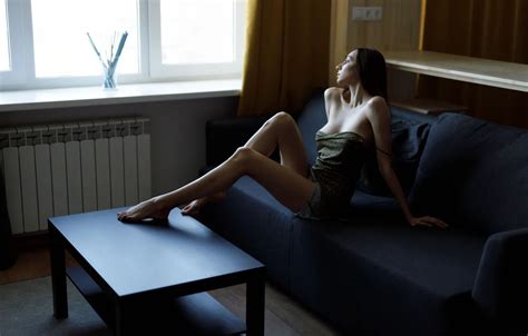 Wallpaper Model Women Window Brunette Table Couch Green Dress Neckline For Mobile And