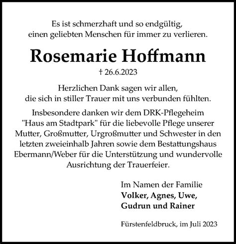 Traueranzeigen Von Rosemarie Hoffmann Trauer Anzeigen De