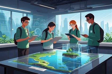 Ilustrar una escena de estudiantes usando pantallas holográficas para