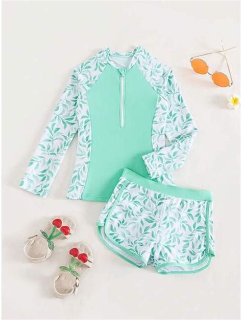 Buy Shein Girls Plant Print Zipper Front Bikini Swimsuit Online Topofstyle