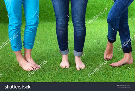 Three Women Naked Feet Standing Grass Stock Photo 347609453 Shutterstock