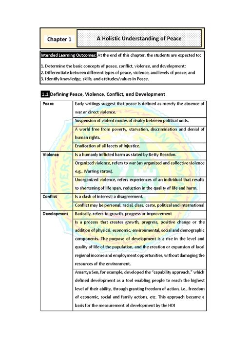 Chapter 1 A Holistic Understanding of Peace - Intended Learning