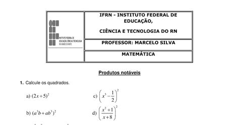 Lista De Exercicios De Produtos Notaveis Com Gabarito