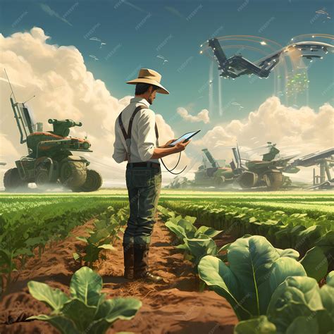 Digital Art Of A Modern Farmer Using Advanced Technology On Farm