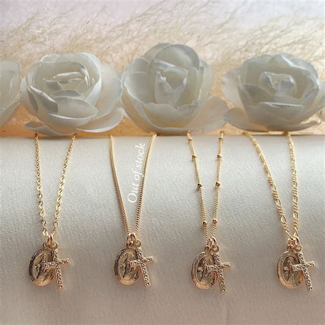 14k Gf Small Cross Virgin Mary Necklace Gold Cross Necklace Virgin