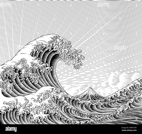 Great Wave Vintage Japanese Engraved Woodcut Style Stock Vector Image And Art Alamy