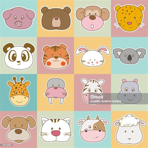 Set Besar Wajah Binatang Kartun Lucu Ilustrasi Vektor Ilustrasi Stok