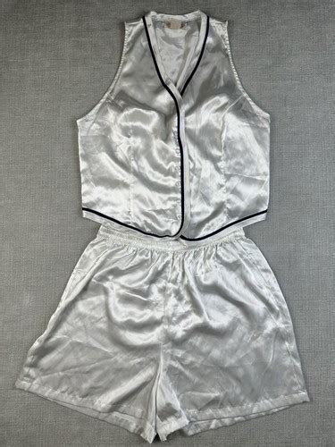 Vintage Inner Most Pajama Lingerie Set Medium White Satin Navy Stripe Buttons EBay