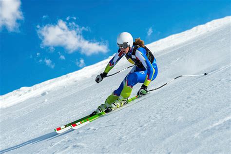 female skier  straight downhill ski race stock photo  image