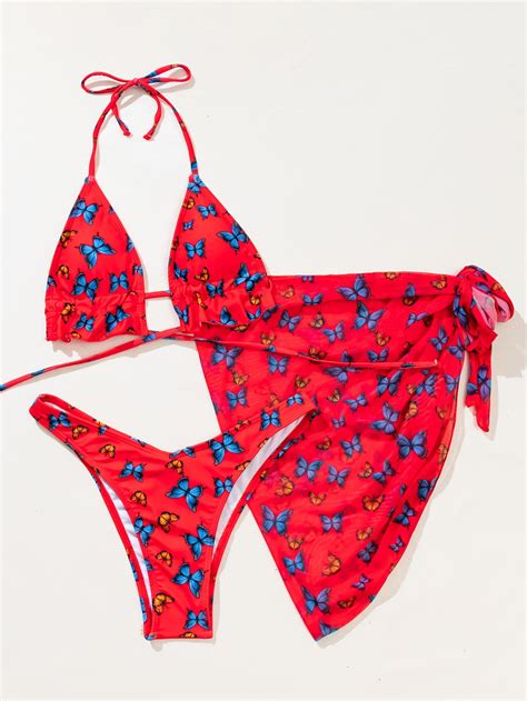 Qiylii Pcs Women S Butterfly Printing Bikini Set Sleeveless Halter Tops Briefs Cover Ups